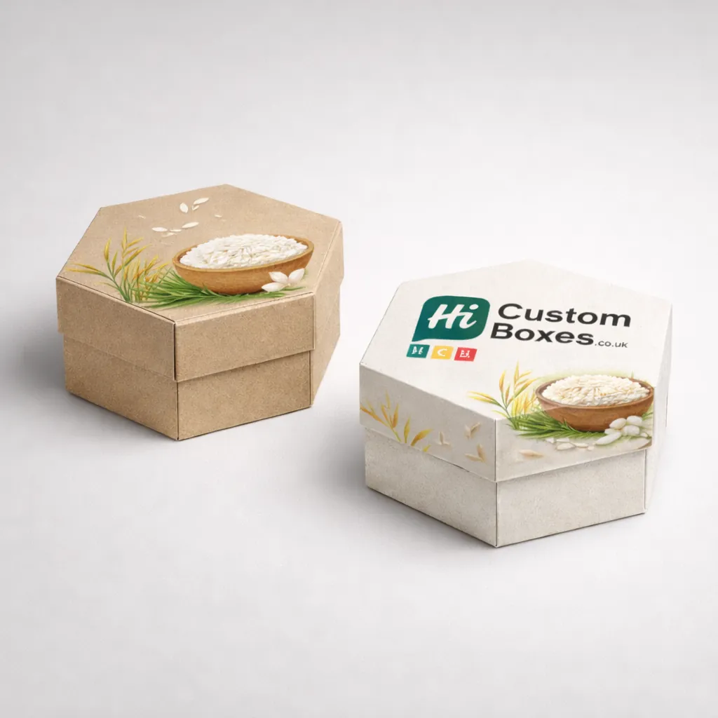 Two hexagonal cardboard boxes with lids, featuring high-quality printed illustrations of rice bowls and green stalks. class=